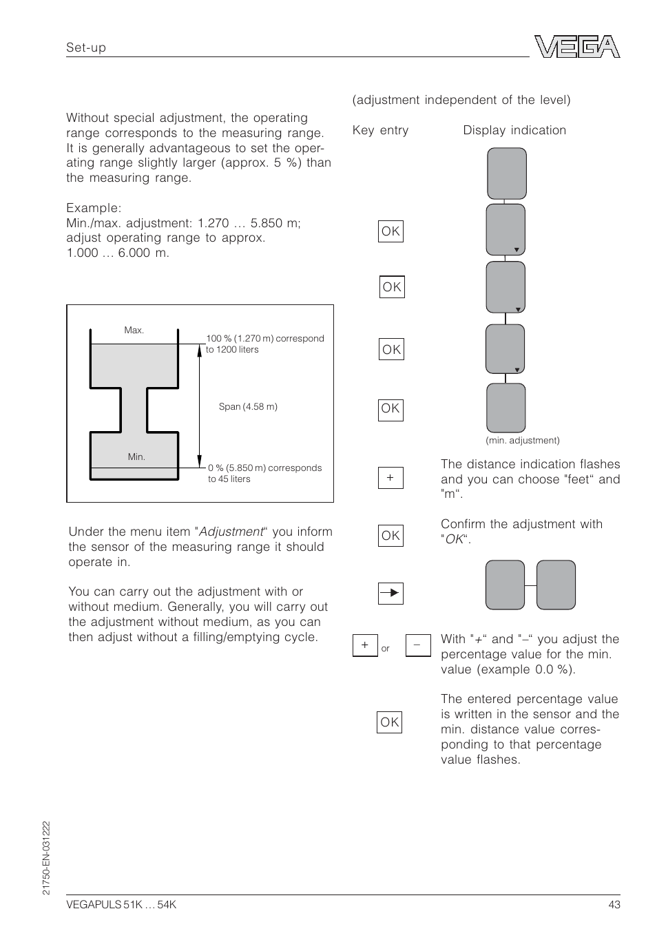 Operating range, Adjustment | VEGA VEGAPULS 51K…54K 4 … 20 mA; HART compact sensor User Manual | Page 43 / 72