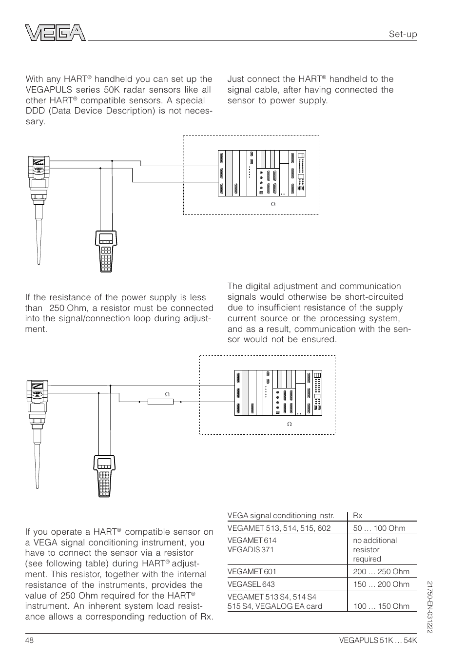 4 adjustment with hart® handheld, 4 adjustment with hart, Handheld | VEGA VEGAPULS 51K…54K 4 … 20 mA; HART compact sensor User Manual | Page 48 / 72