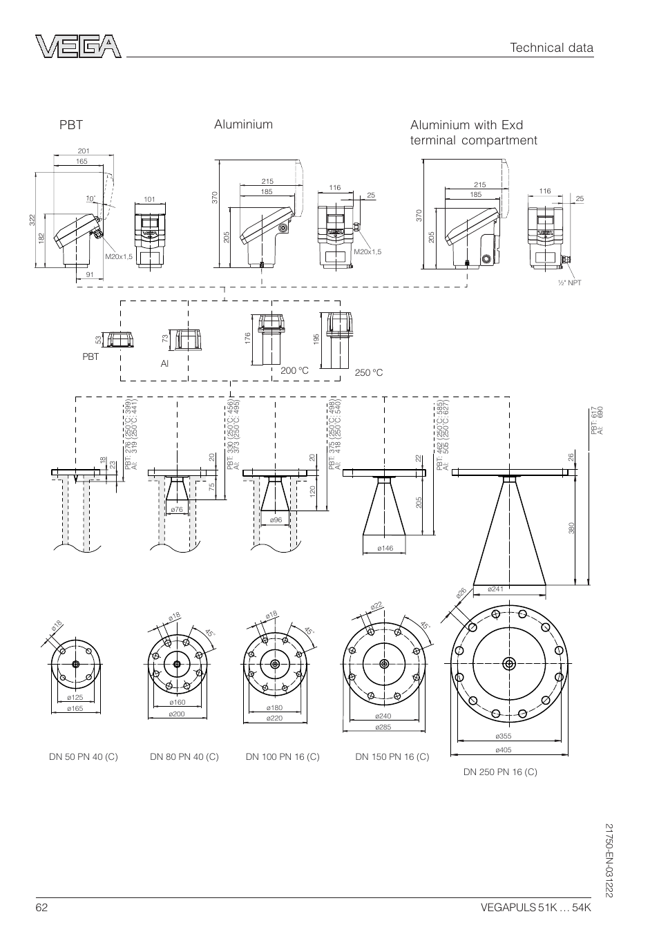 Vegapuls 54, Technical data | VEGA VEGAPULS 51K…54K 4 … 20 mA; HART compact sensor User Manual | Page 62 / 72