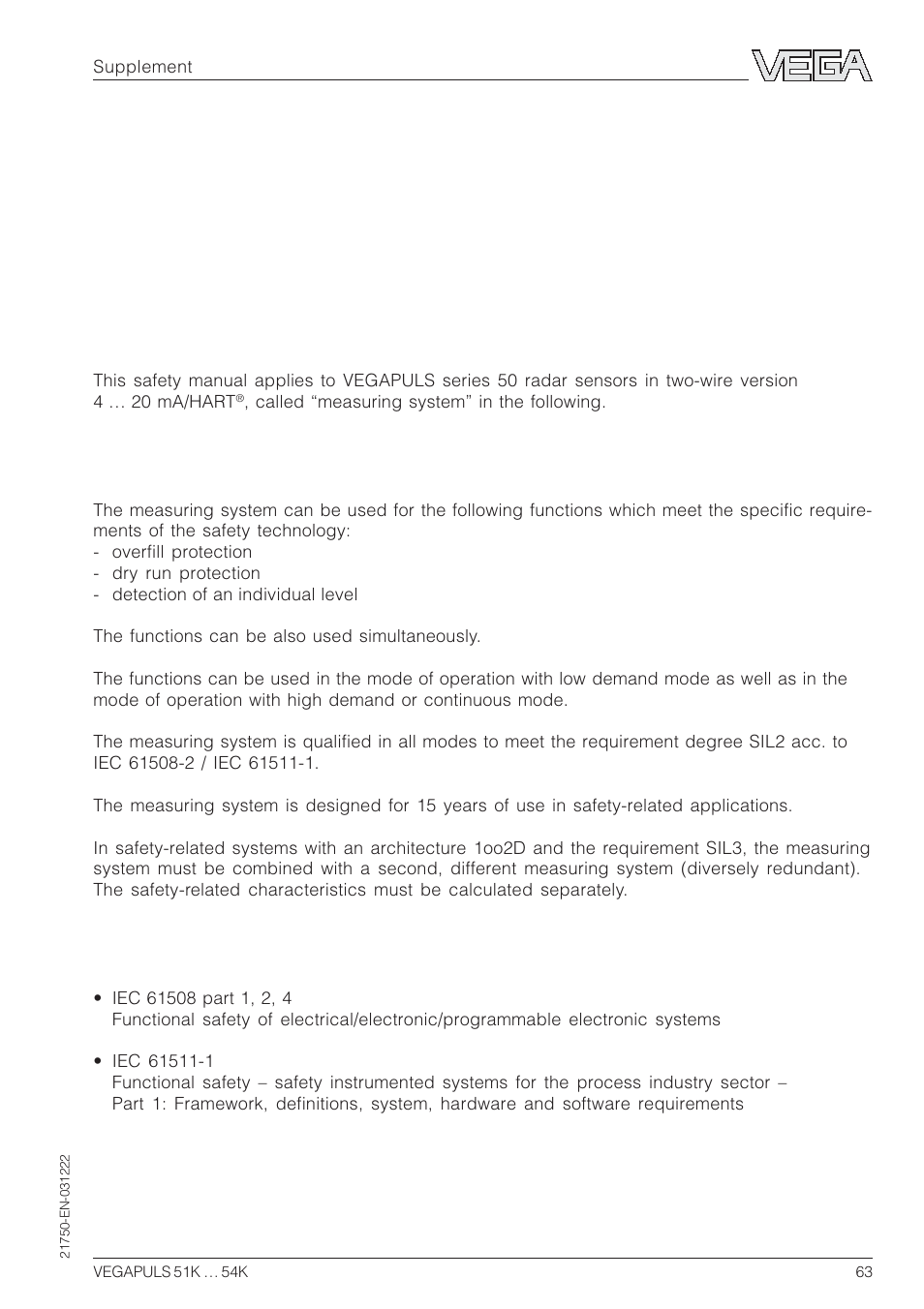 Supplement, Safety manual, 1 general | 1 validity, 2 area of application, 3 relevant standards, Supplement safety manual, 1general | VEGA VEGAPULS 51K…54K 4 … 20 mA; HART compact sensor User Manual | Page 63 / 72