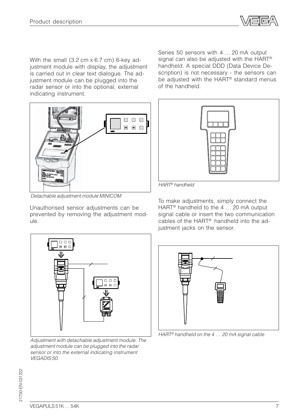 Adjustment with the hart, Handheld, Adjustment with the adjustment module minicom | Handheld into the ad- justment jacks on the sensor, Standard menus of the handheld, Product description | VEGA VEGAPULS 51K…54K 4 … 20 mA; HART compact sensor User Manual | Page 7 / 72