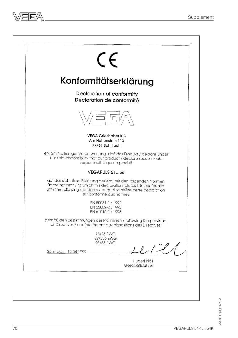 Ce declaration of conformity | VEGA VEGAPULS 51K…54K 4 … 20 mA; HART compact sensor User Manual | Page 70 / 72