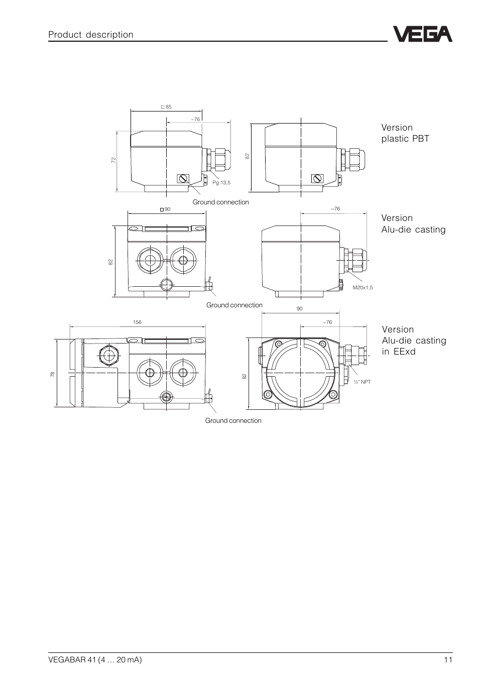 5 dimensions | VEGA VEGABAR 41 4 … 20 mA User Manual | Page 11 / 28