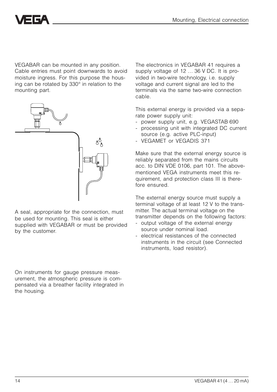 2 mounting, 1 mounting instructions, 2 compensation of the atmospheric pressure | 3 electrical connection, 1 connection instructions | VEGA VEGABAR 41 4 … 20 mA User Manual | Page 14 / 28