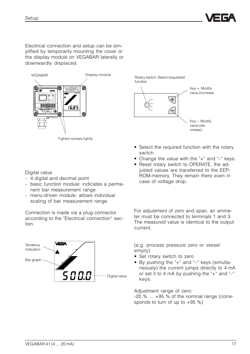 4 setup, 1 display module, Adjustment | Setup, Adjustment elements | VEGA VEGABAR 41 4 … 20 mA User Manual | Page 17 / 28