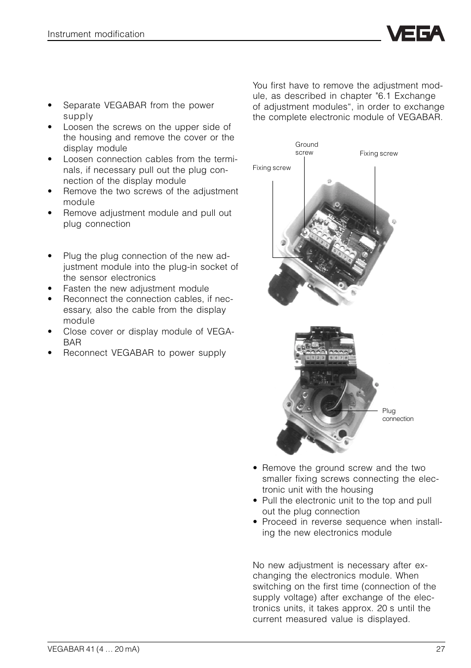 2 exchange of electronics | VEGA VEGABAR 41 4 … 20 mA User Manual | Page 27 / 28