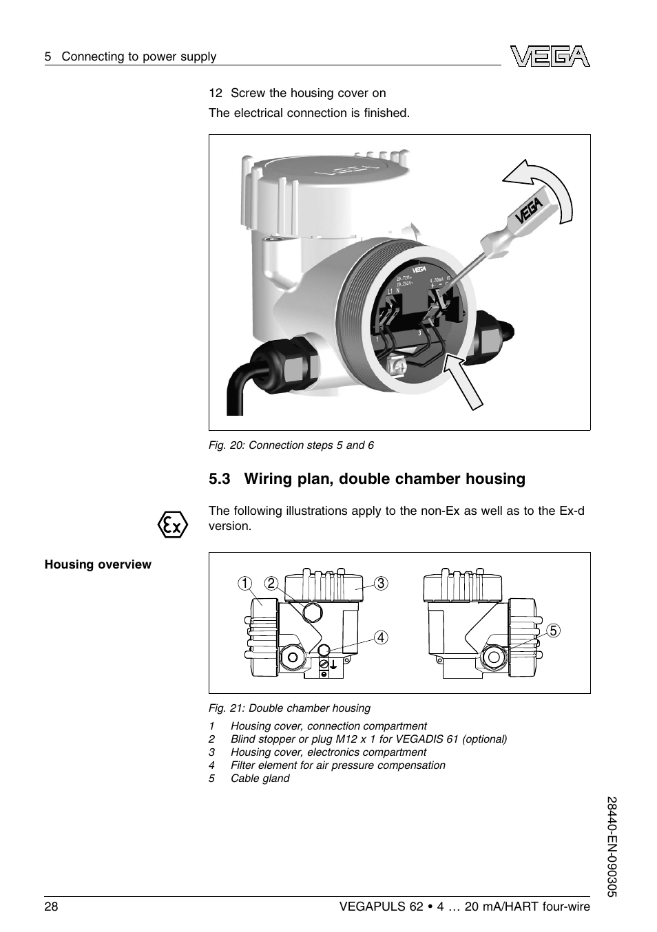 3 wiring plan, double chamber housing | VEGA VEGAPULS 62 (≥ 2.0.0 - ≤ 3.8) 4 … 20 mA_HART four-wire User Manual | Page 28 / 72