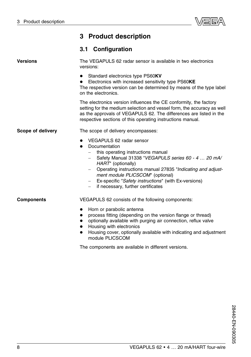 3 product description, 1 configuration, 1 conﬁguration | VEGA VEGAPULS 62 (≥ 2.0.0 - ≤ 3.8) 4 … 20 mA_HART four-wire User Manual | Page 8 / 72