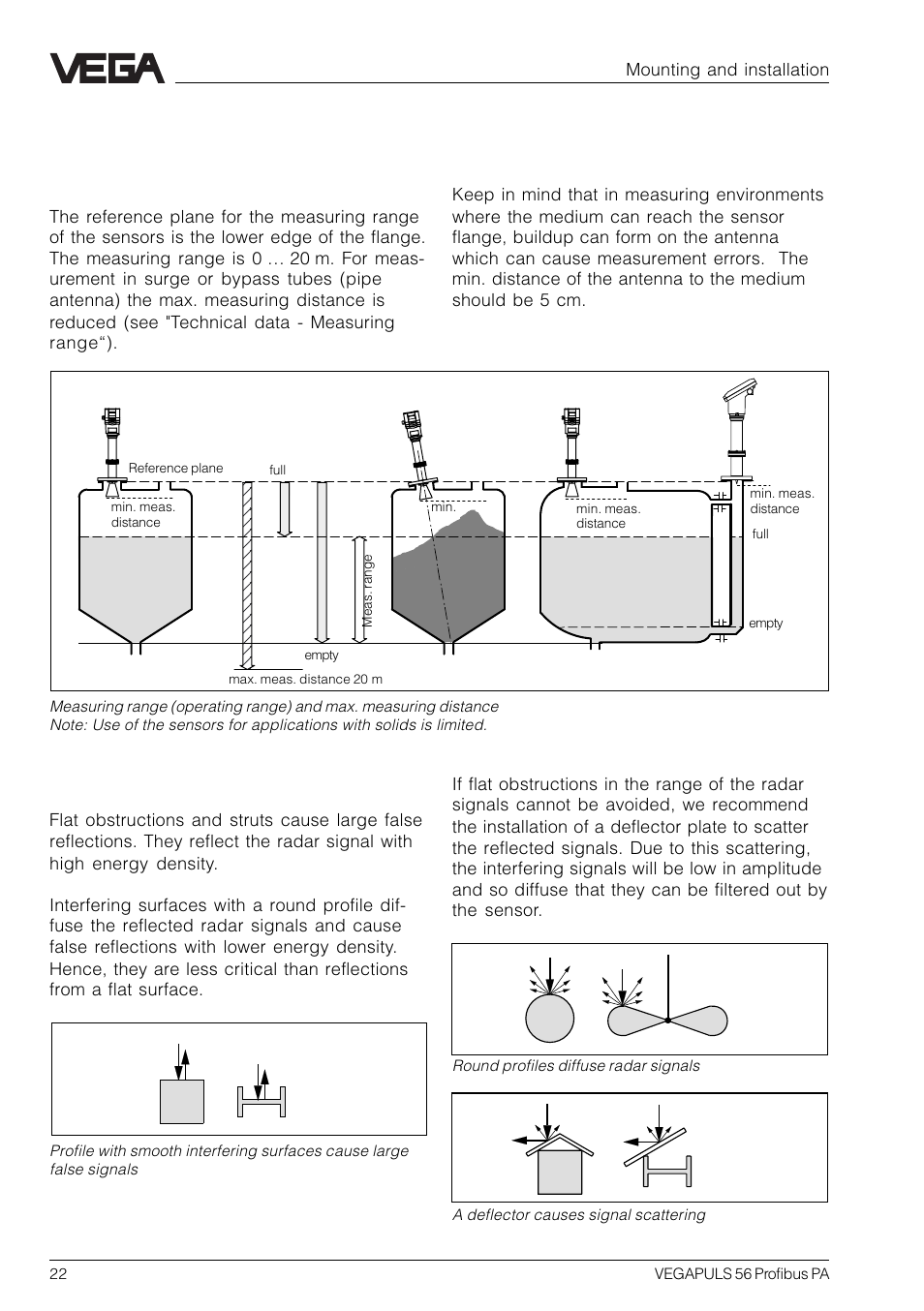 3 mounting and installation, 1 general installation instructions, False reflections | VEGA VEGAPULS 56 Profibus PA User Manual | Page 22 / 92