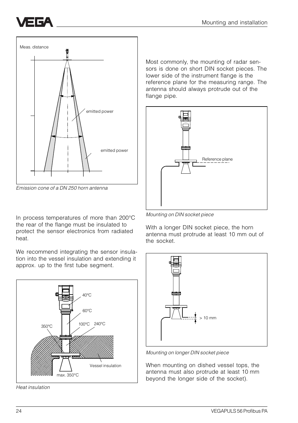 2 measurement of liquids, Heat insulation, Sensor on din socket piece | Mounting and installation | VEGA VEGAPULS 56 Profibus PA User Manual | Page 24 / 92