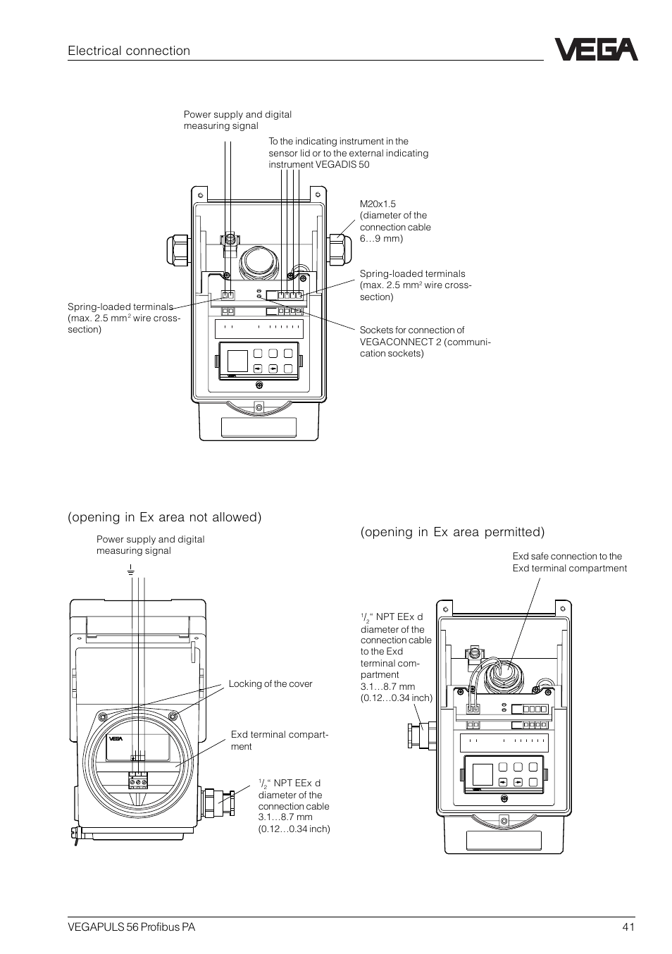 Ex ia version, Electrical connection, Vegapuls 56 profibus pa 41 | Exd terminal compart- ment, Locking of the cover | VEGA VEGAPULS 56 Profibus PA User Manual | Page 41 / 92