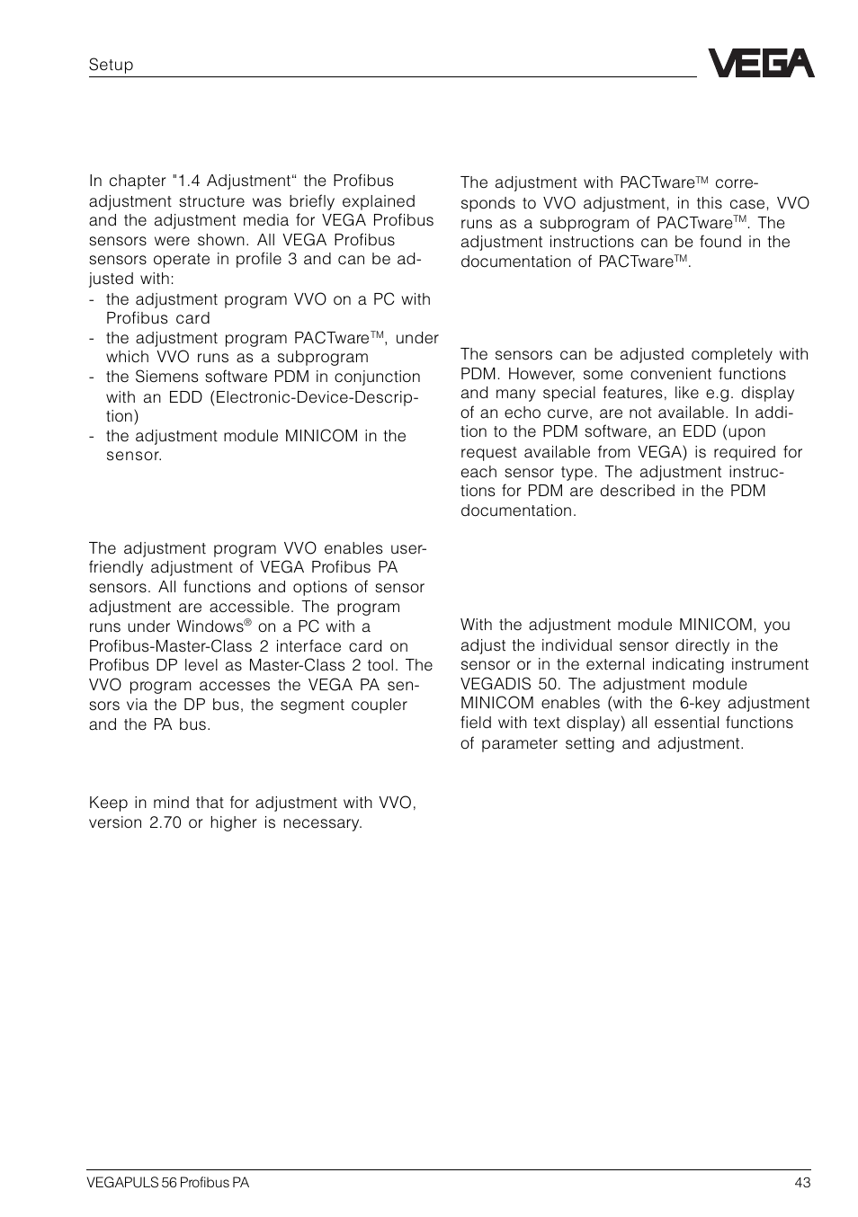 5 setup, 1 adjustment media | VEGA VEGAPULS 56 Profibus PA User Manual | Page 43 / 92