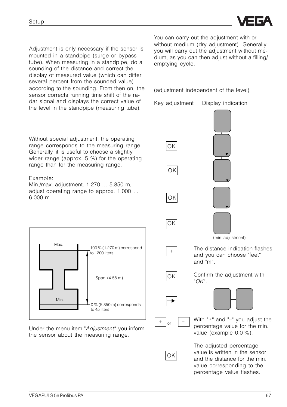 Measurement in a standpipe, Operating range, Adjustment | VEGA VEGAPULS 56 Profibus PA User Manual | Page 67 / 92