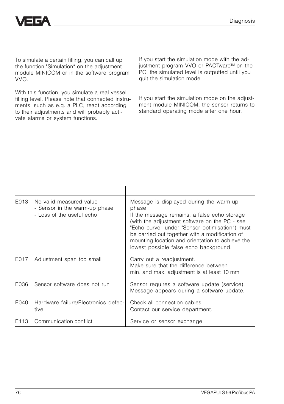 7 diagnosis, 1 simulation, 2 error codes | VEGA VEGAPULS 56 Profibus PA User Manual | Page 76 / 92