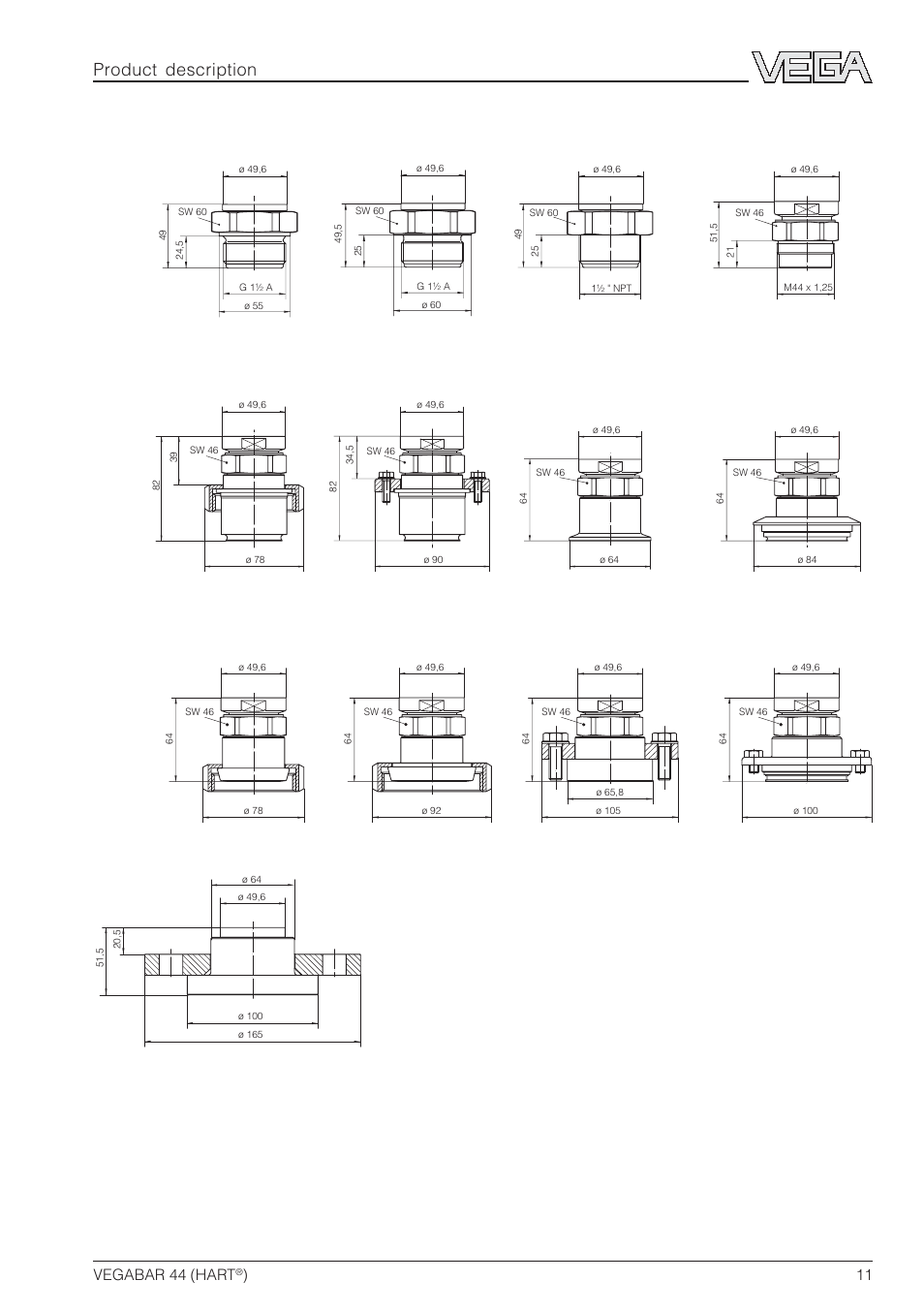 Product description process fitting, Vegabar 44 (hart | VEGA VEGABAR 44 HART User Manual | Page 11 / 44