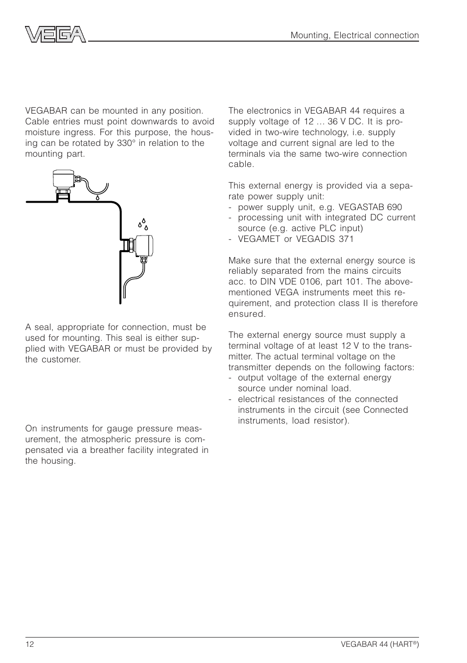 2 mounting, 1 mounting instructions, 2 compensation of the atmospheric pressure | 3 electrical connection, 1 connection instructions, 2 compensation of the atmos- pheric pressure | VEGA VEGABAR 44 HART User Manual | Page 12 / 44