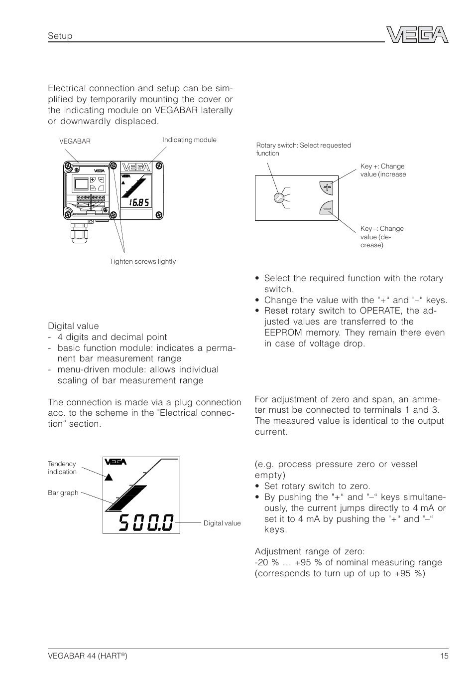 4 setup, 1 indicating module, Adjustment | Setup, Adjustment elements | VEGA VEGABAR 44 HART User Manual | Page 15 / 44