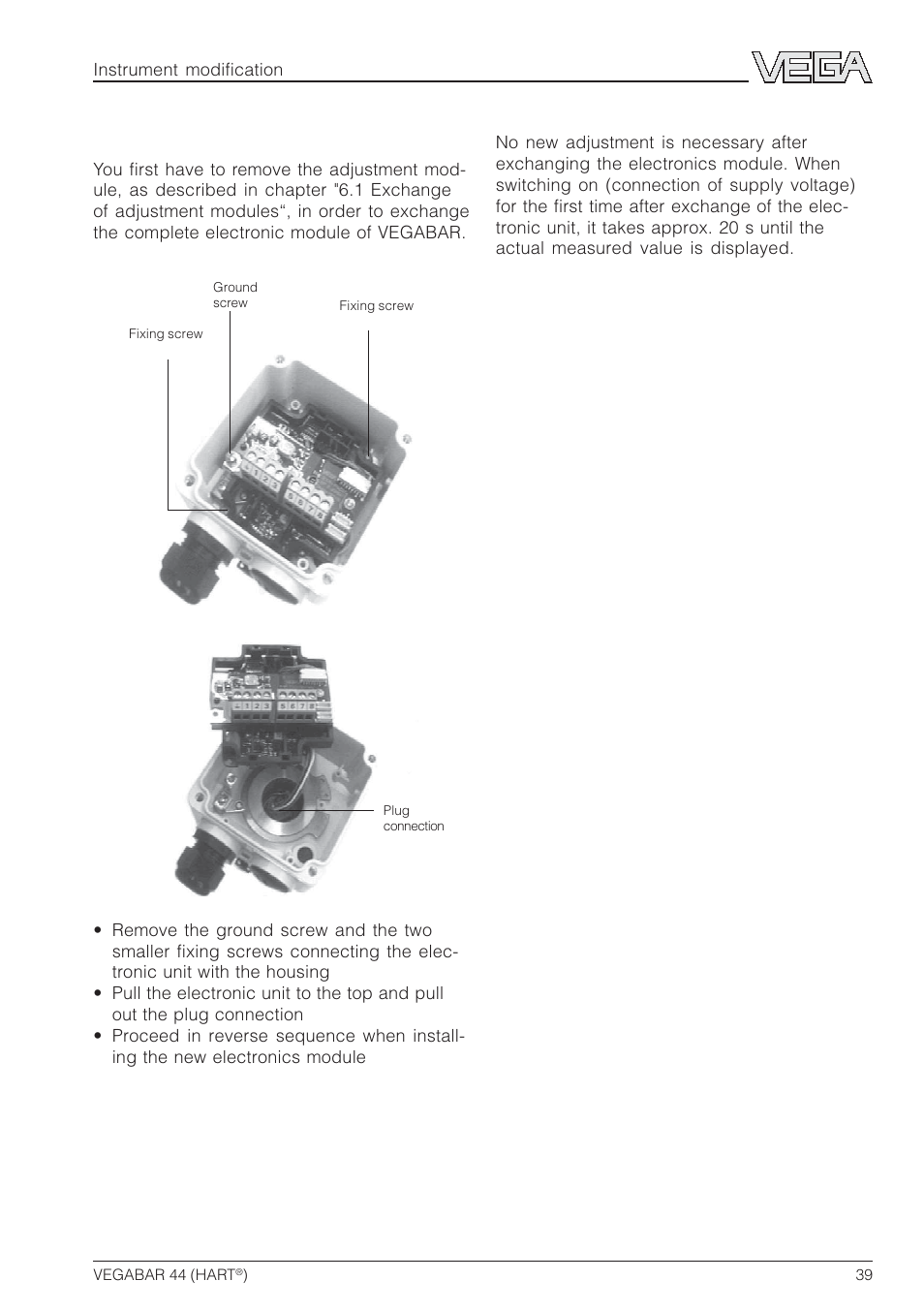 2 exchange of electronics | VEGA VEGABAR 44 HART User Manual | Page 39 / 44