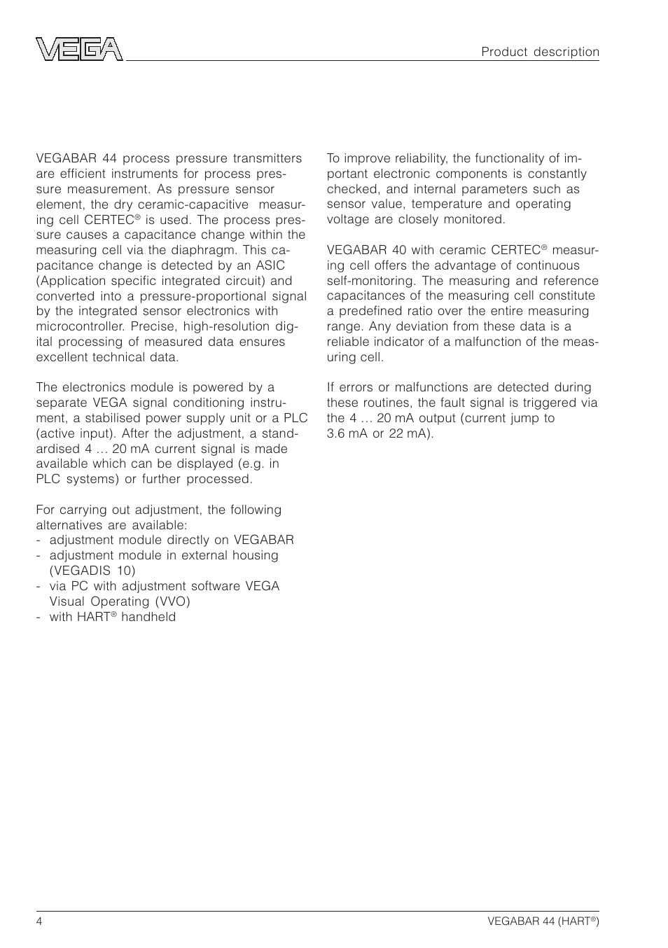 1 product description, 1 function and configuration, 2 self-monitoring | VEGA VEGABAR 44 HART User Manual | Page 4 / 44