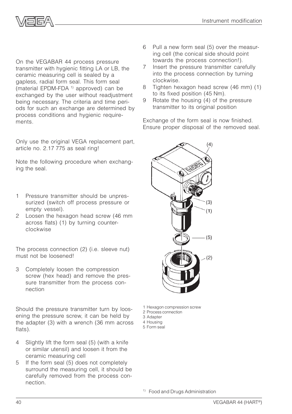 3 exchange of the hygienic form seal on vegabar 44 | VEGA VEGABAR 44 HART User Manual | Page 40 / 44