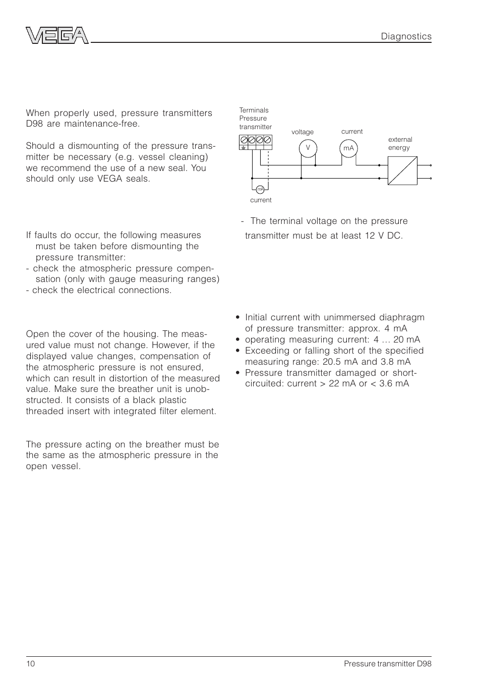 5 diagnostics, Maintenance, Troubleshooting | Check the voltage, Check the current, Check the electrical connections | VEGA D98 Pressure transmitter User Manual | Page 10 / 12