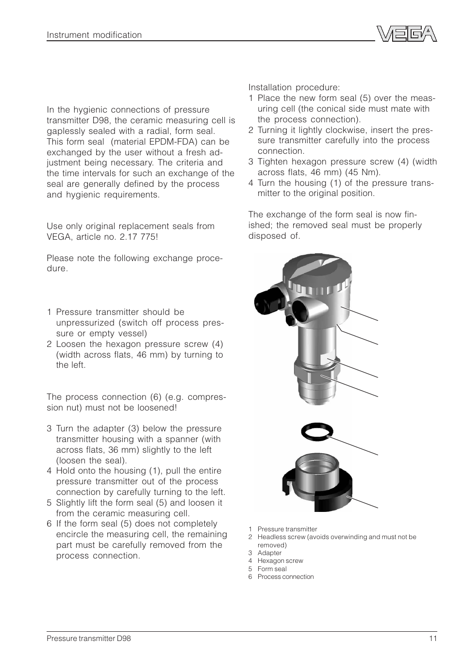 6 instrument modification, 1 exchange of hygienic form seal | VEGA D98 Pressure transmitter User Manual | Page 11 / 12