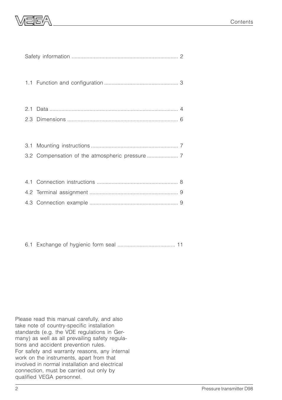 VEGA D98 Pressure transmitter User Manual | Page 2 / 12