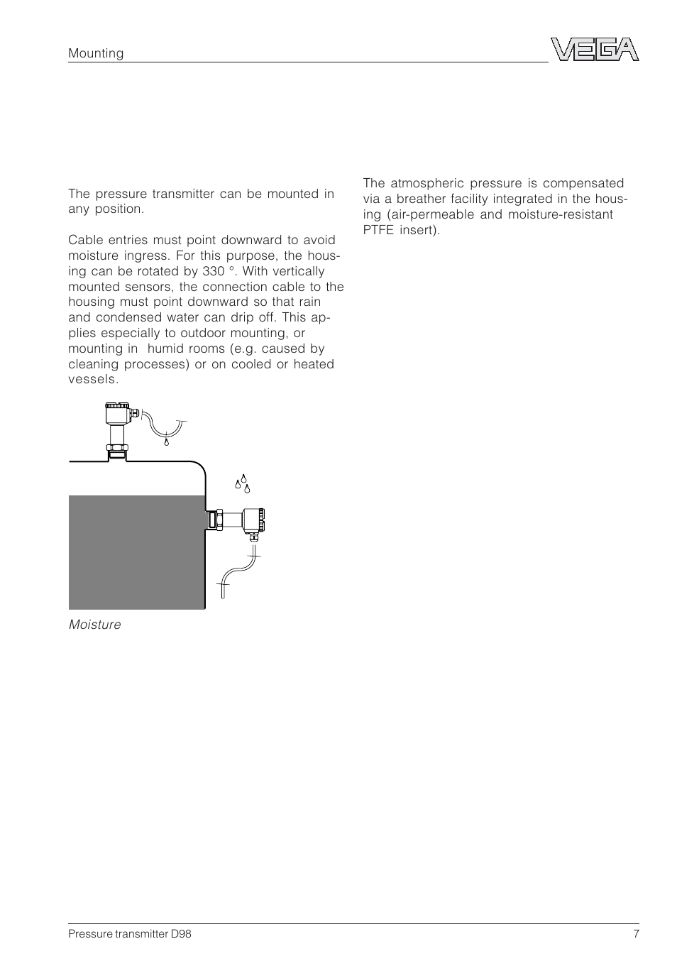 3 mounting, 1 mounting instructions, 2 compensation of the atmospheric pressure | VEGA D98 Pressure transmitter User Manual | Page 7 / 12