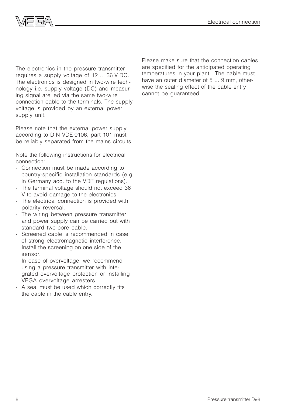 4 electrical connection, 1 connection instructions | VEGA D98 Pressure transmitter User Manual | Page 8 / 12