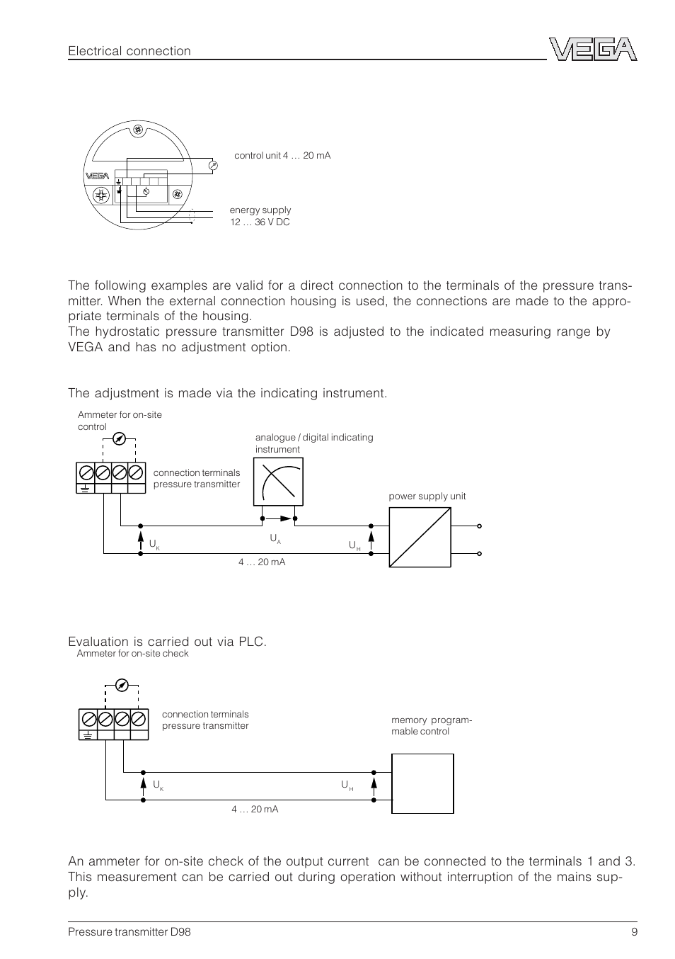 2 terminal assignment, 3 connection example, Electrical connection | VEGA D98 Pressure transmitter User Manual | Page 9 / 12