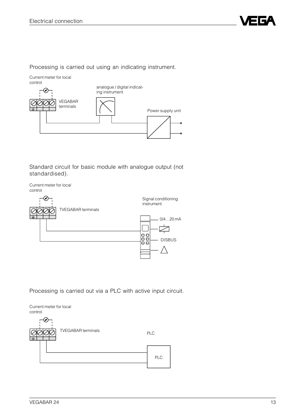 3 connection examples, Supply via a signal conditioning instrument, Supply via a plc with active input circuit | Supply via power supply unit | VEGA VEGABAR 24 User Manual | Page 13 / 28
