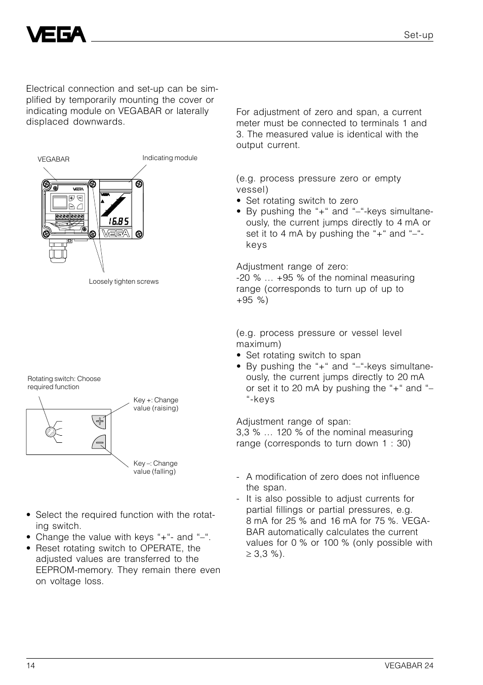 4 set-up, 1 adjustment of the basic func- tions, Adjustment | Set-up | VEGA VEGABAR 24 User Manual | Page 14 / 28