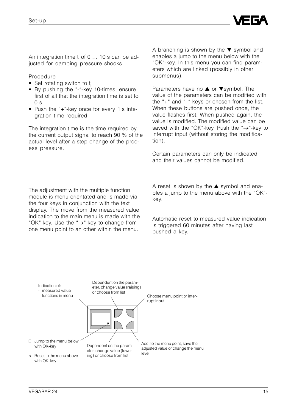 2 menu-guided adjustment with additional functions, Fi adjustment elements integration time | VEGA VEGABAR 24 User Manual | Page 15 / 28