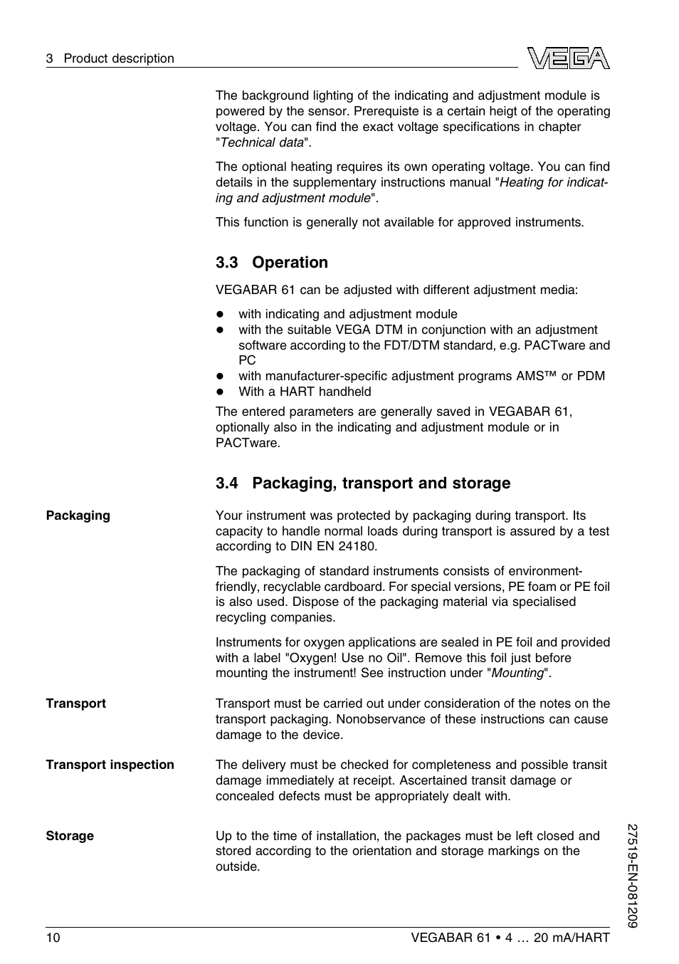 3 operation, 4 packaging, transport and storage | VEGA VEGABAR 61 4 … 20 mA_HART User Manual | Page 10 / 80