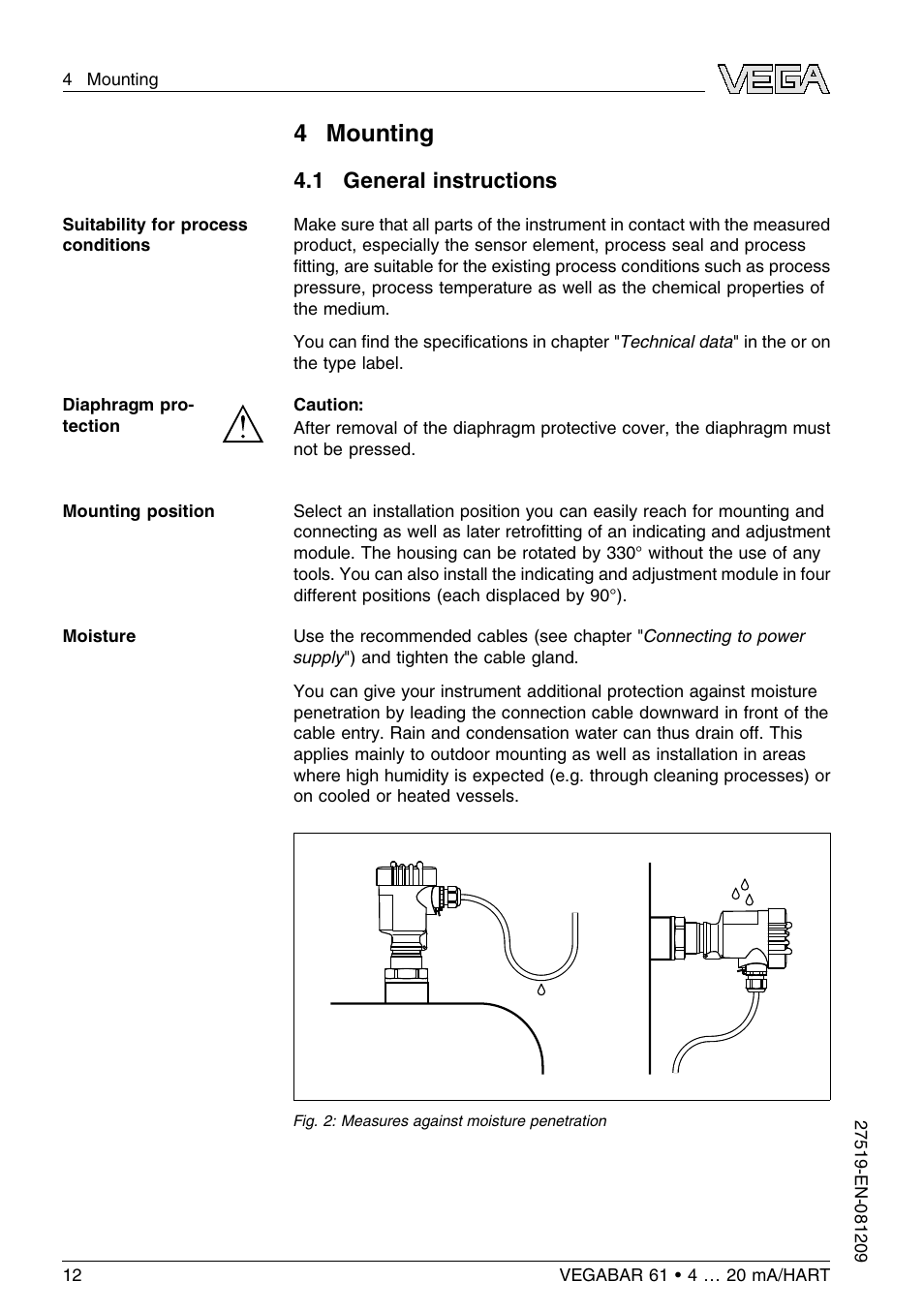 4 mounting, 1 general instructions | VEGA VEGABAR 61 4 … 20 mA_HART User Manual | Page 12 / 80