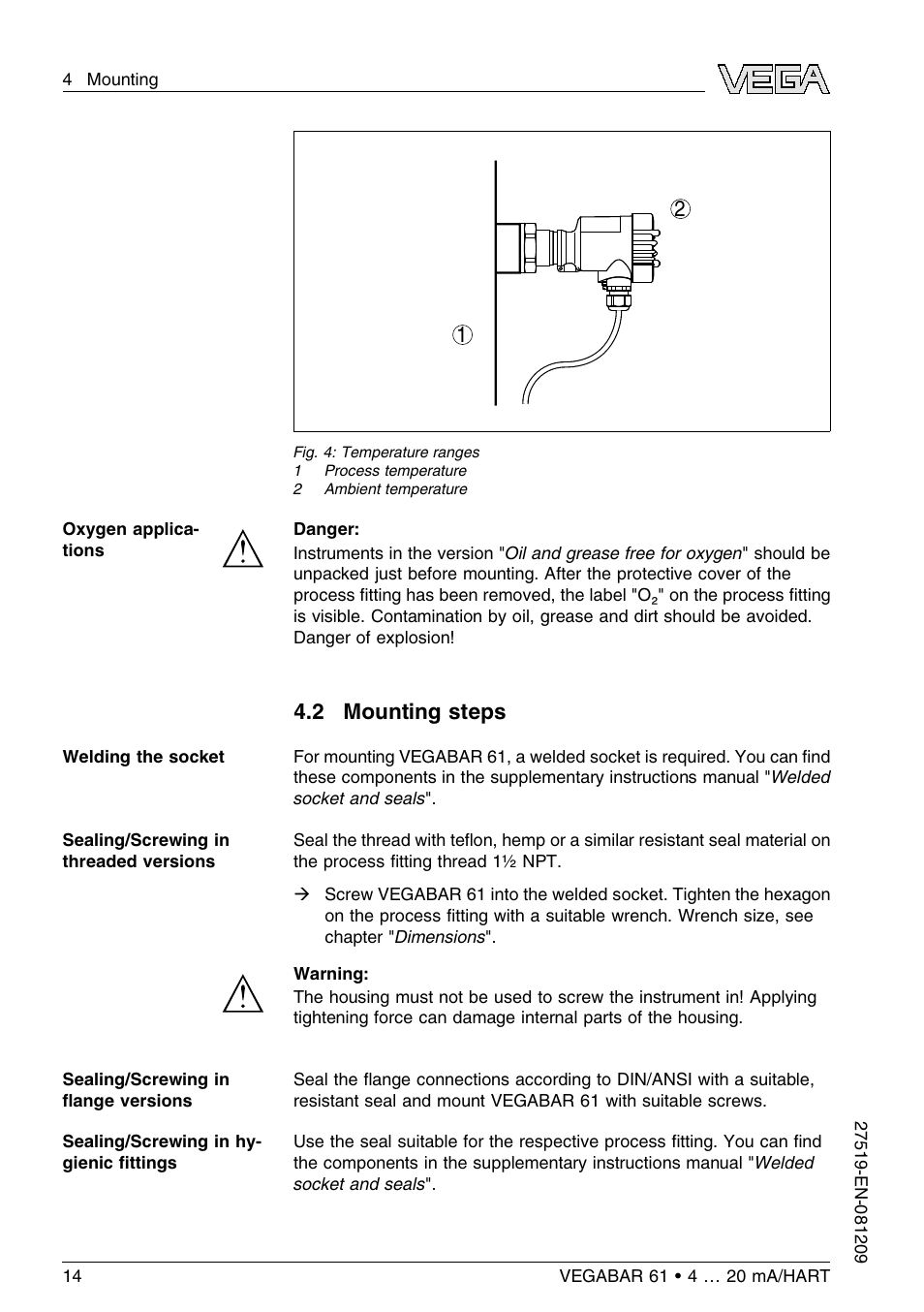 2 mounting steps | VEGA VEGABAR 61 4 … 20 mA_HART User Manual | Page 14 / 80