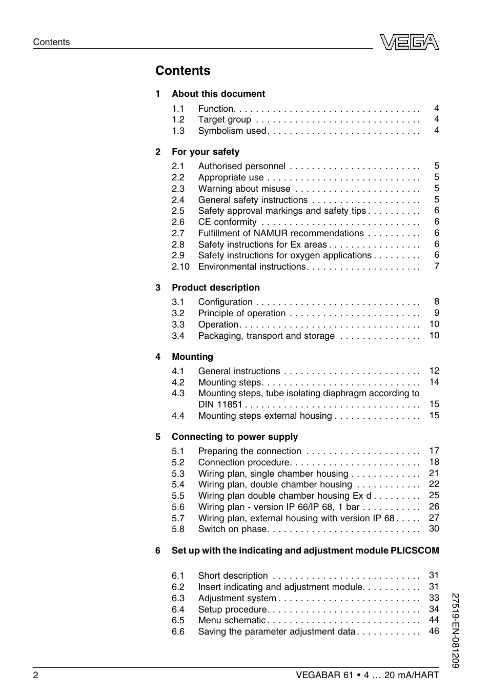 VEGA VEGABAR 61 4 … 20 mA_HART User Manual | Page 2 / 80