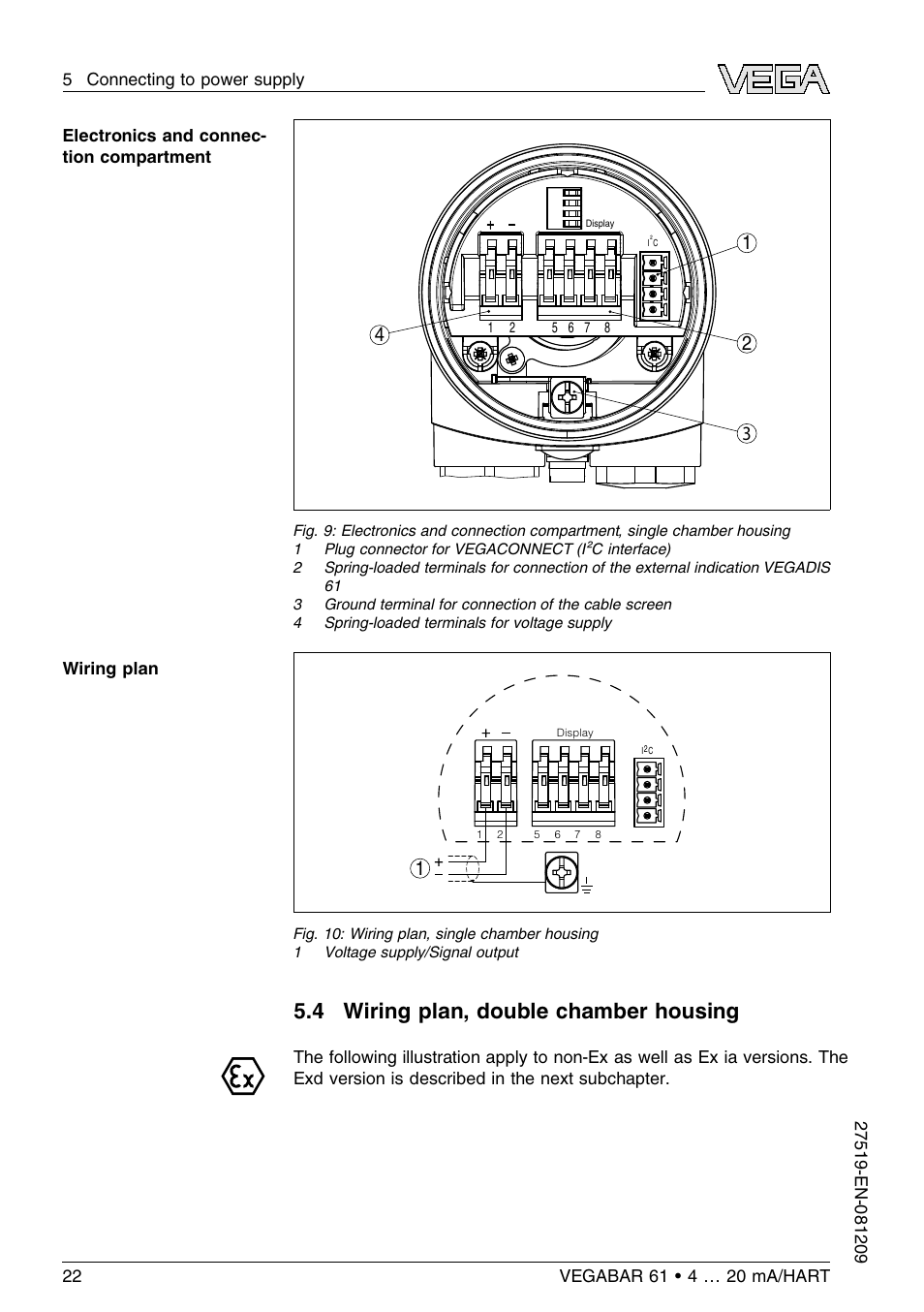 4 wiring plan, double chamber housing | VEGA VEGABAR 61 4 … 20 mA_HART User Manual | Page 22 / 80