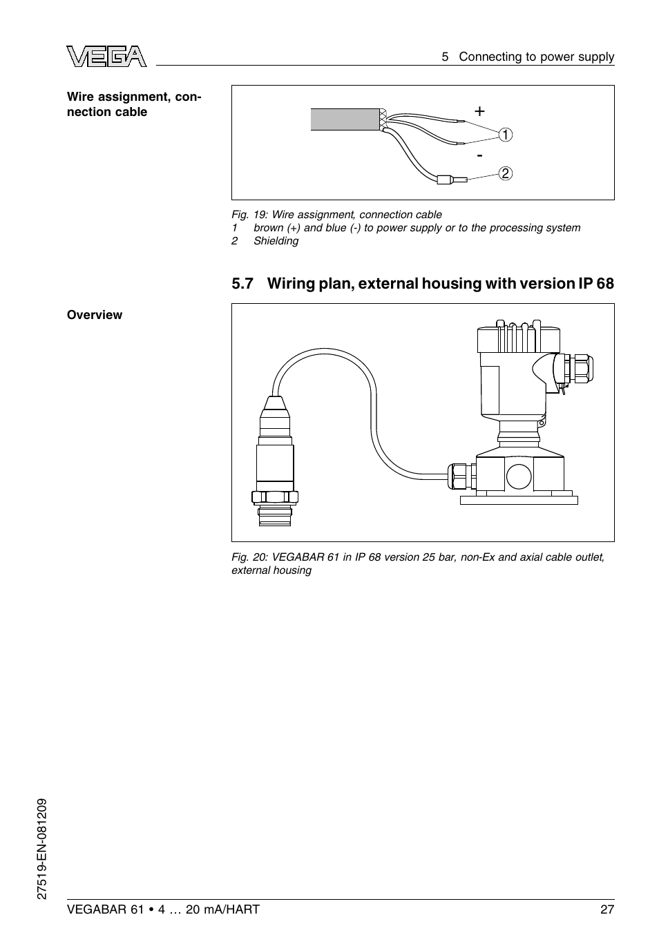 7 wiring plan, external housing with version ip 68 | VEGA VEGABAR 61 4 … 20 mA_HART User Manual | Page 27 / 80