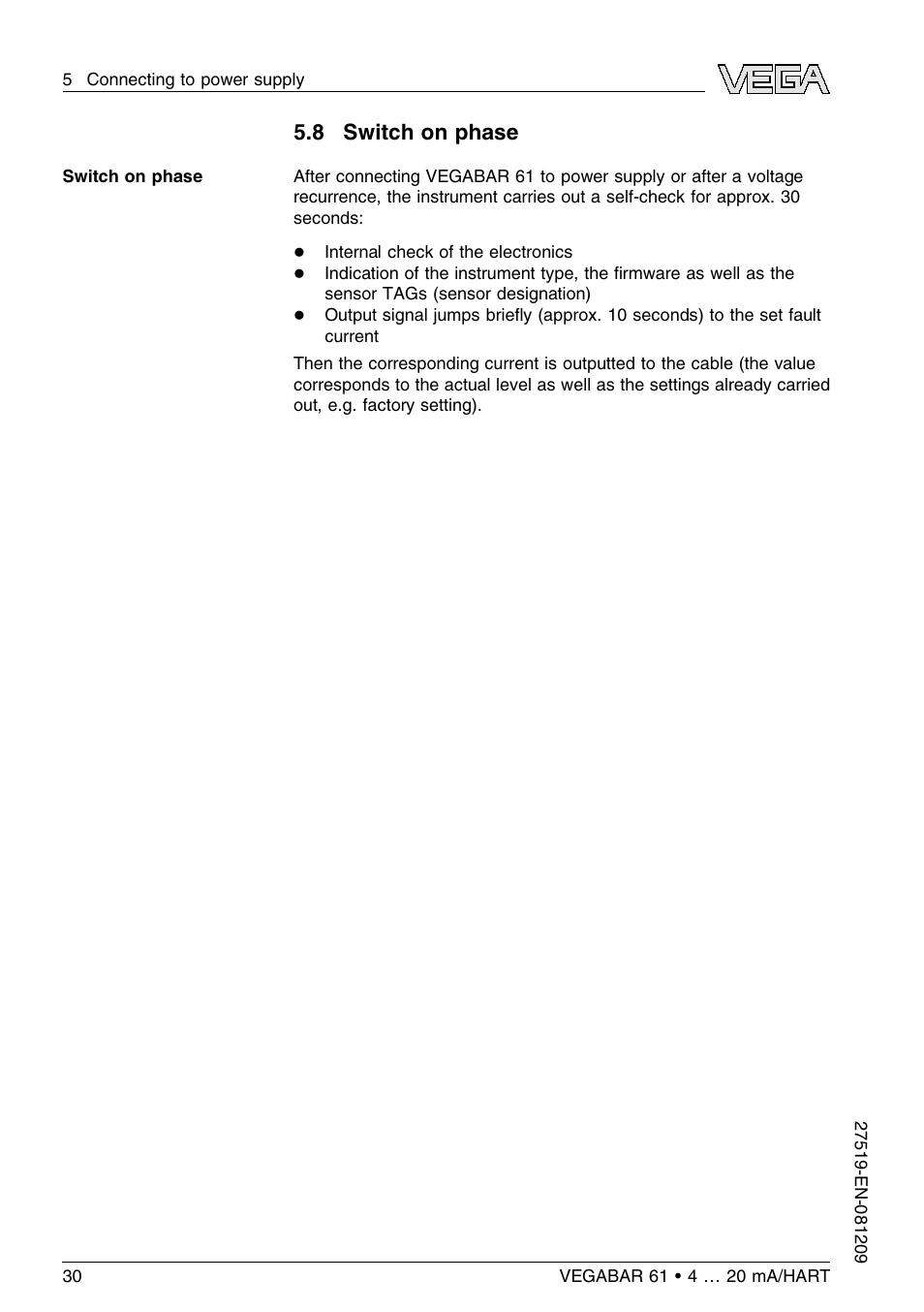 8 switch on phase | VEGA VEGABAR 61 4 … 20 mA_HART User Manual | Page 30 / 80