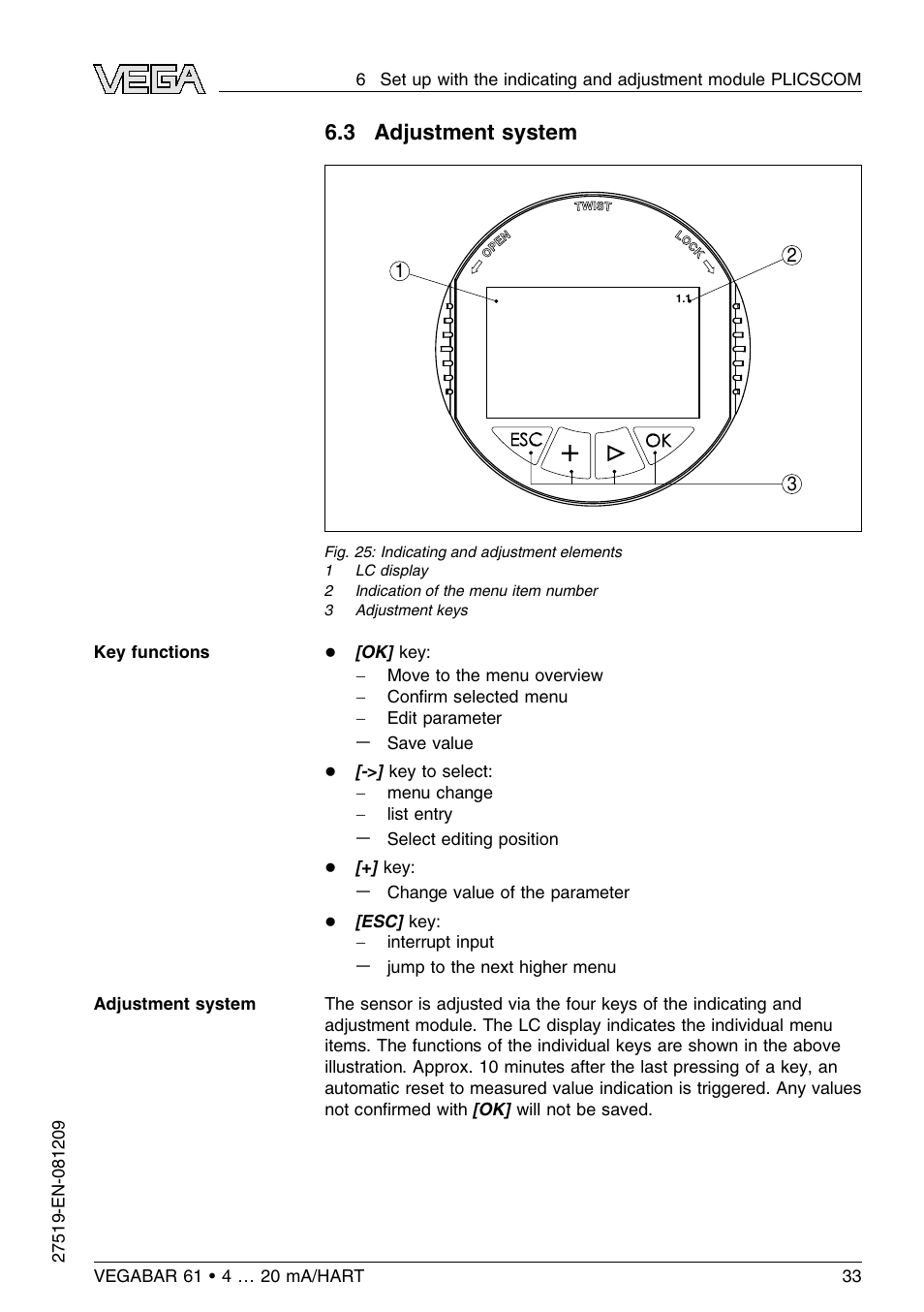 3 adjustment system | VEGA VEGABAR 61 4 … 20 mA_HART User Manual | Page 33 / 80