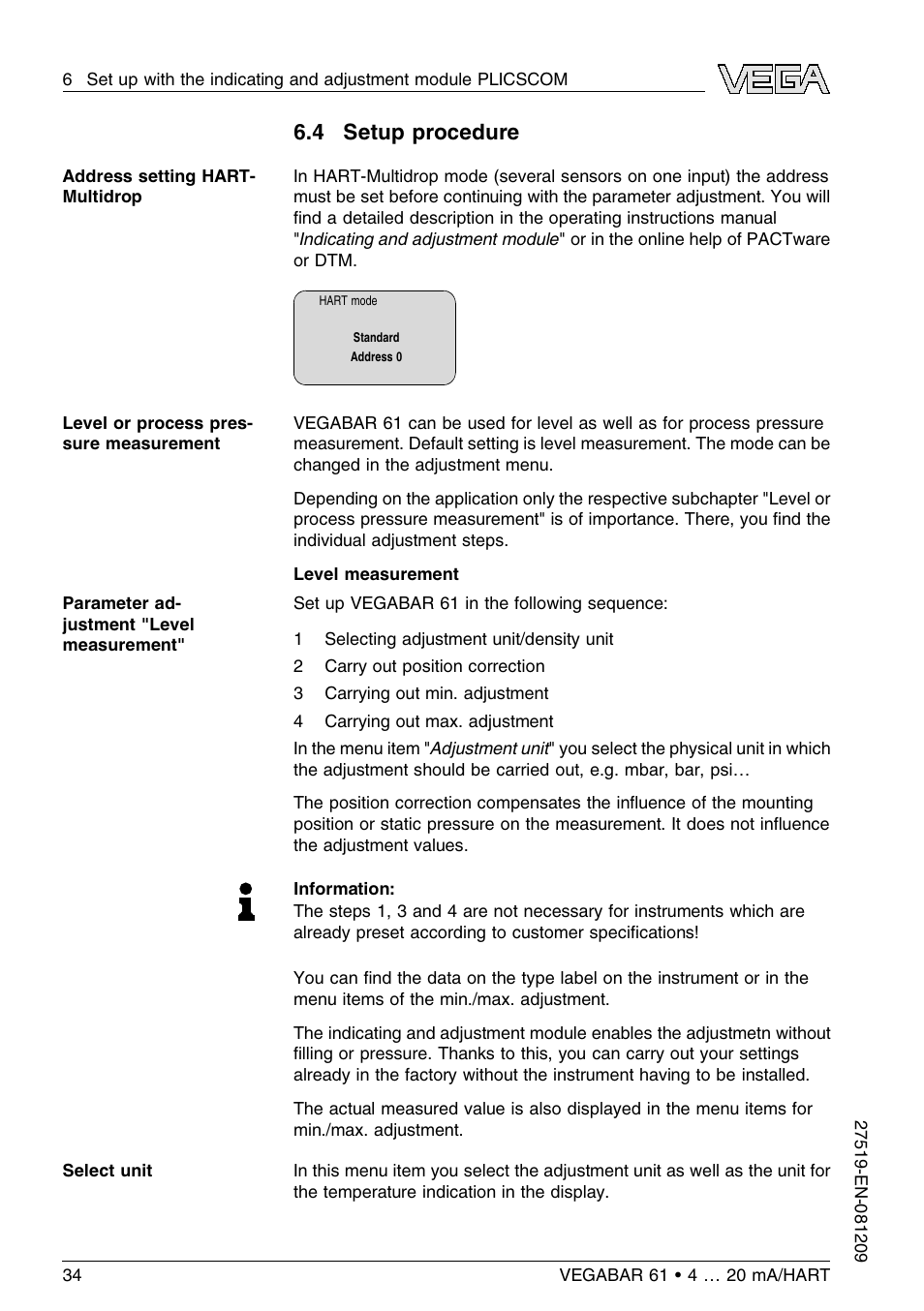 4 setup procedure | VEGA VEGABAR 61 4 … 20 mA_HART User Manual | Page 34 / 80