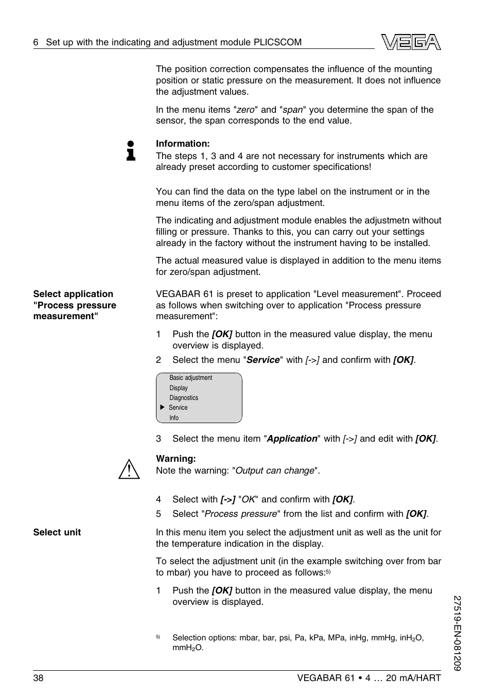 VEGA VEGABAR 61 4 … 20 mA_HART User Manual | Page 38 / 80