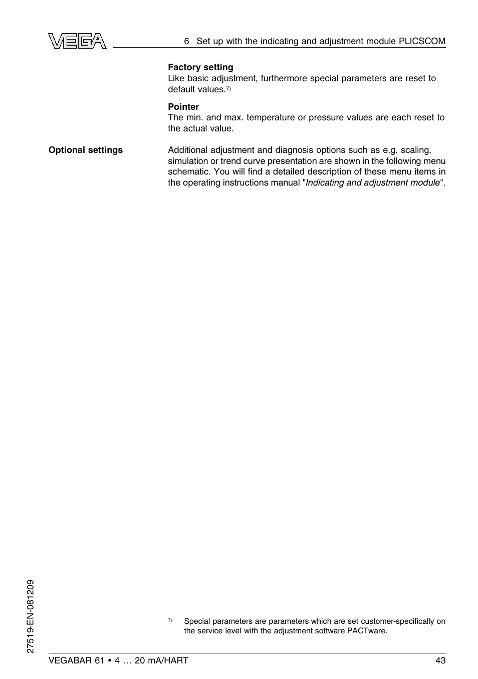 VEGA VEGABAR 61 4 … 20 mA_HART User Manual | Page 43 / 80