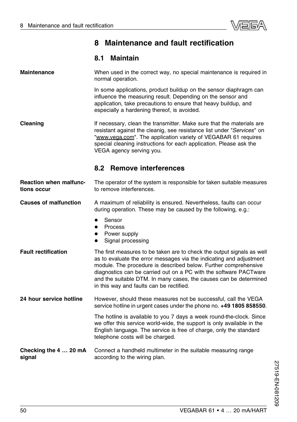 8 maintenance and fault rectification, 1 maintain, 2 remove interferences | 8 maintenance and fault rectiﬁcation | VEGA VEGABAR 61 4 … 20 mA_HART User Manual | Page 50 / 80