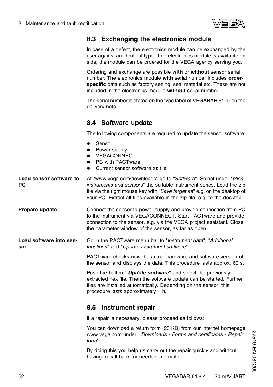 3 exchanging the electronics module, 4 software update, 5 instrument repair | VEGA VEGABAR 61 4 … 20 mA_HART User Manual | Page 52 / 80