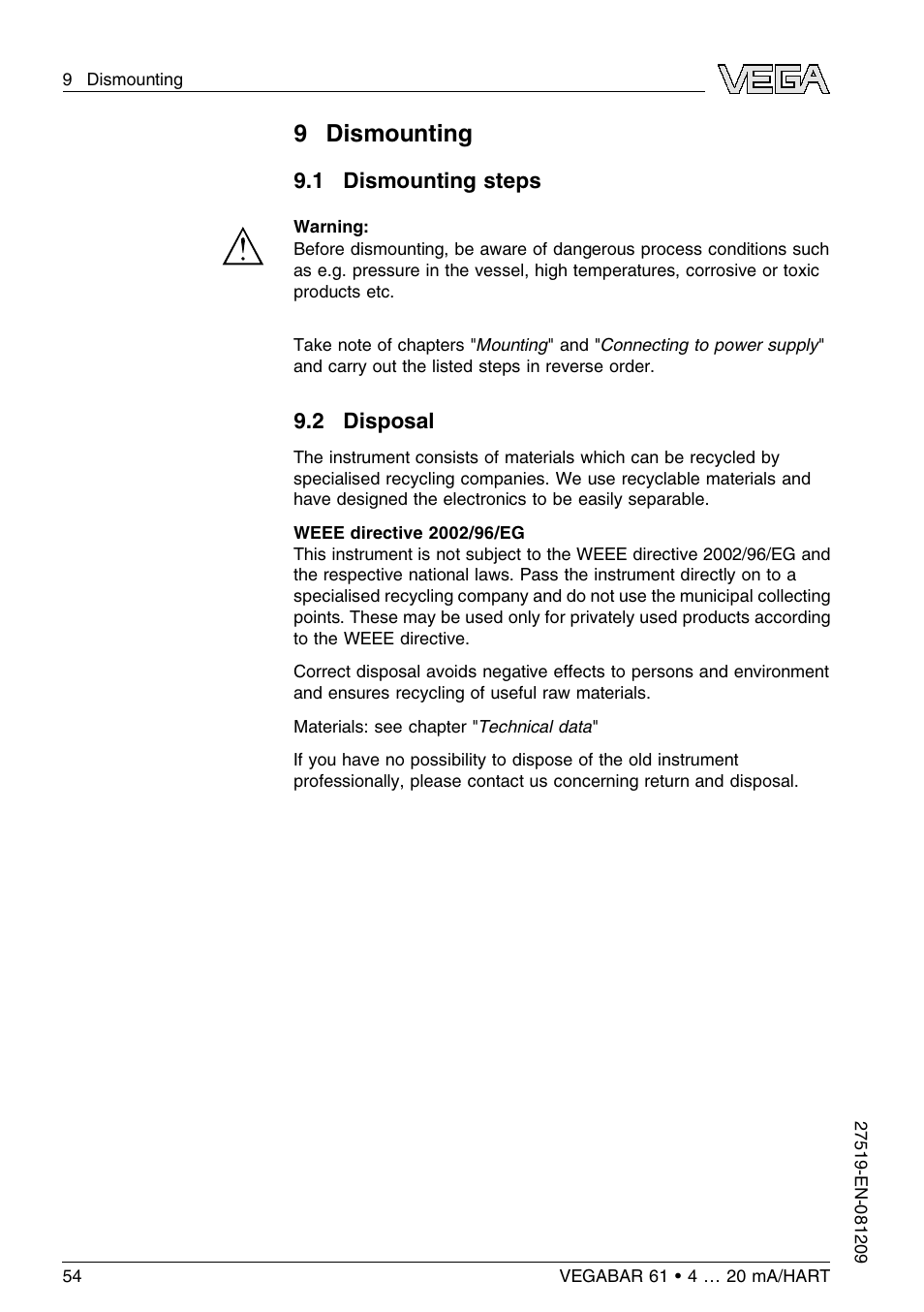 9 dismounting, 1 dismounting steps, 2 disposal | VEGA VEGABAR 61 4 … 20 mA_HART User Manual | Page 54 / 80