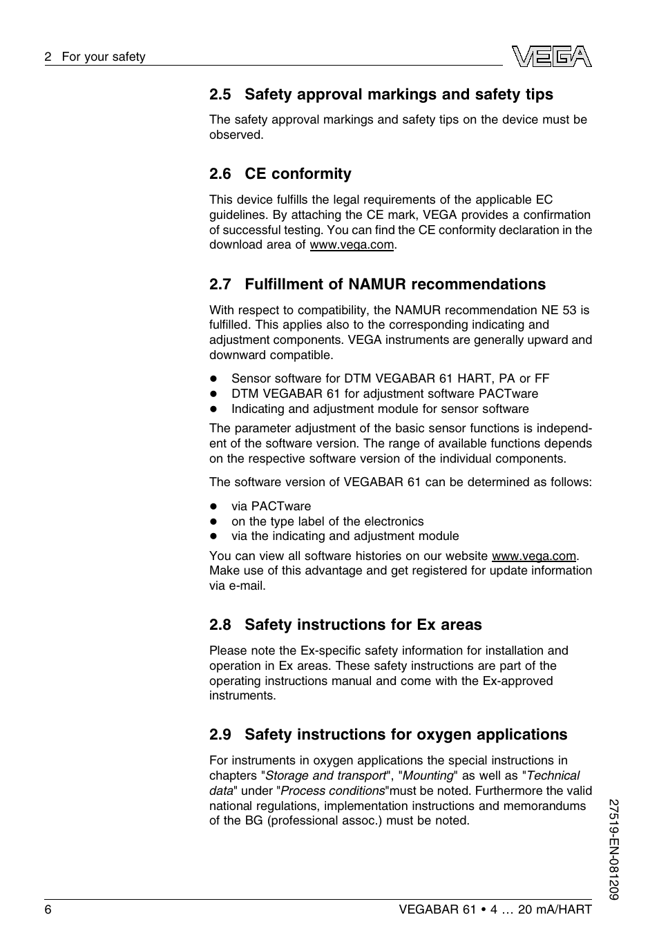 5 safety approval markings and safety tips, 6 ce conformity, 7 fulfillment of namur recommendations | 8 safety instructions for ex areas, 9 safety instructions for oxygen applications, 7 fulﬁllment of namur recommendations | VEGA VEGABAR 61 4 … 20 mA_HART User Manual | Page 6 / 80