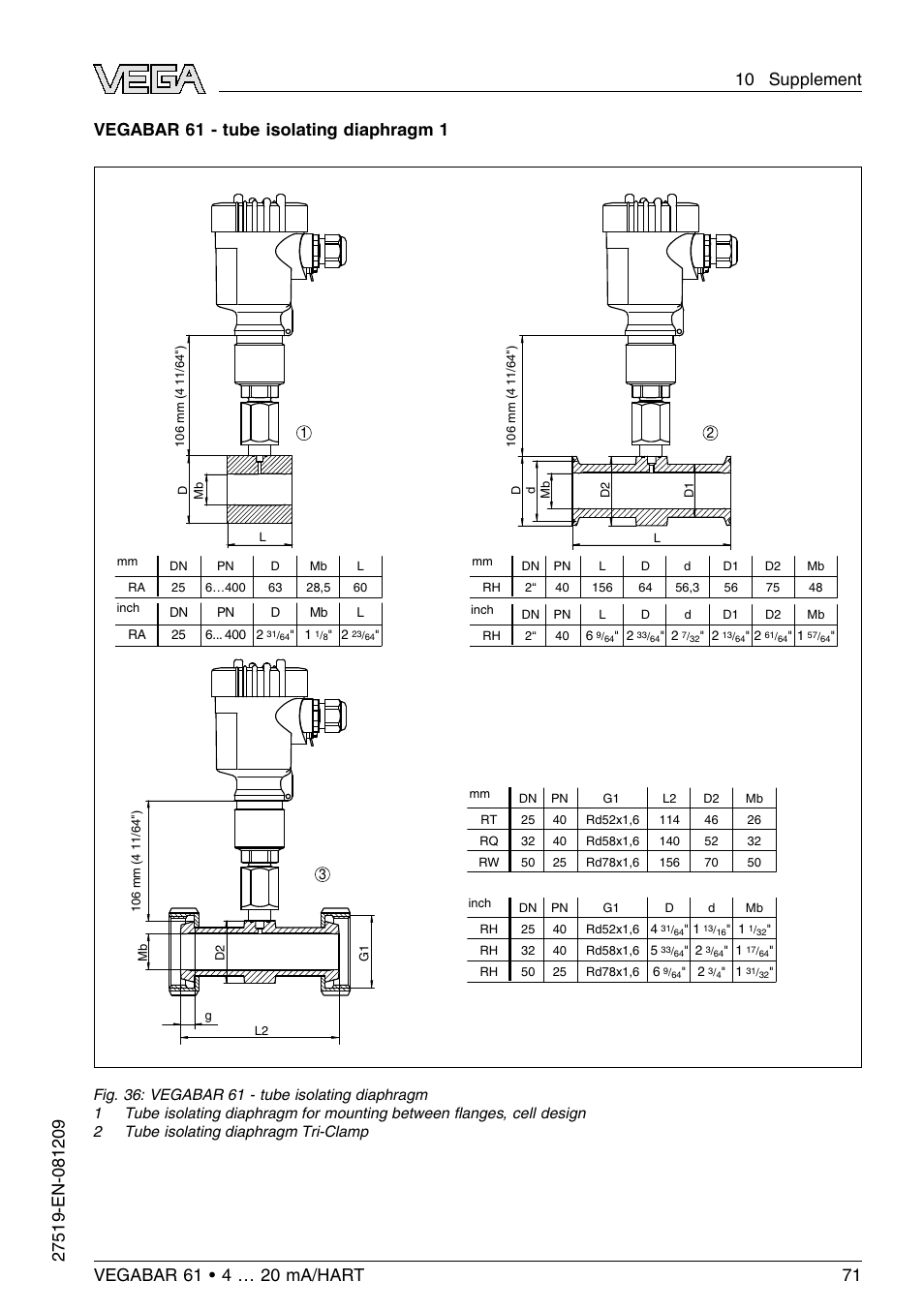 Vegabar 61 - tube isolating diaphragm 1 | VEGA VEGABAR 61 4 … 20 mA_HART User Manual | Page 71 / 80