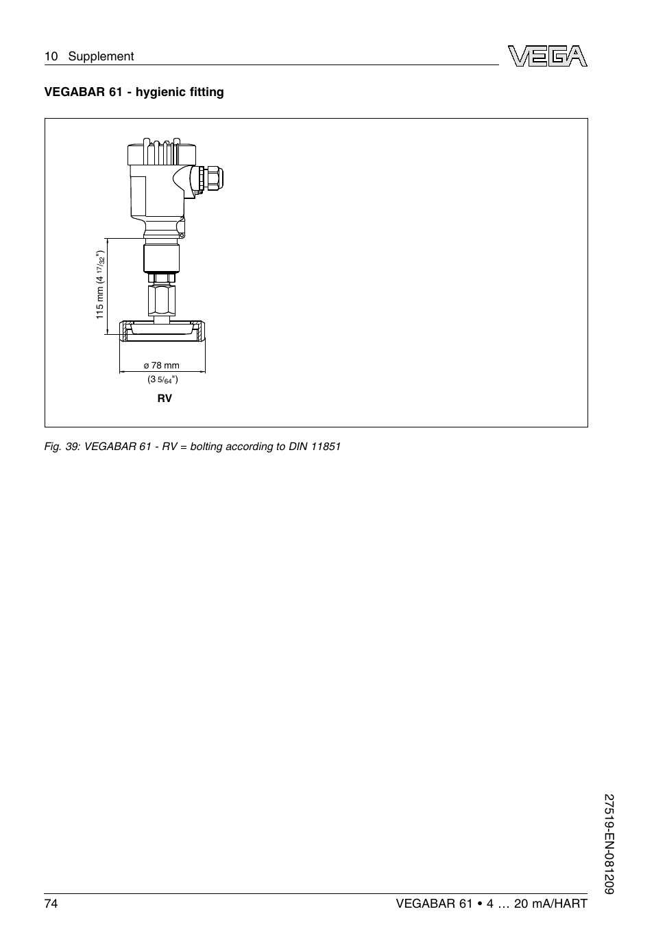 Vegabar 61 - hygienic ﬁtting | VEGA VEGABAR 61 4 … 20 mA_HART User Manual | Page 74 / 80